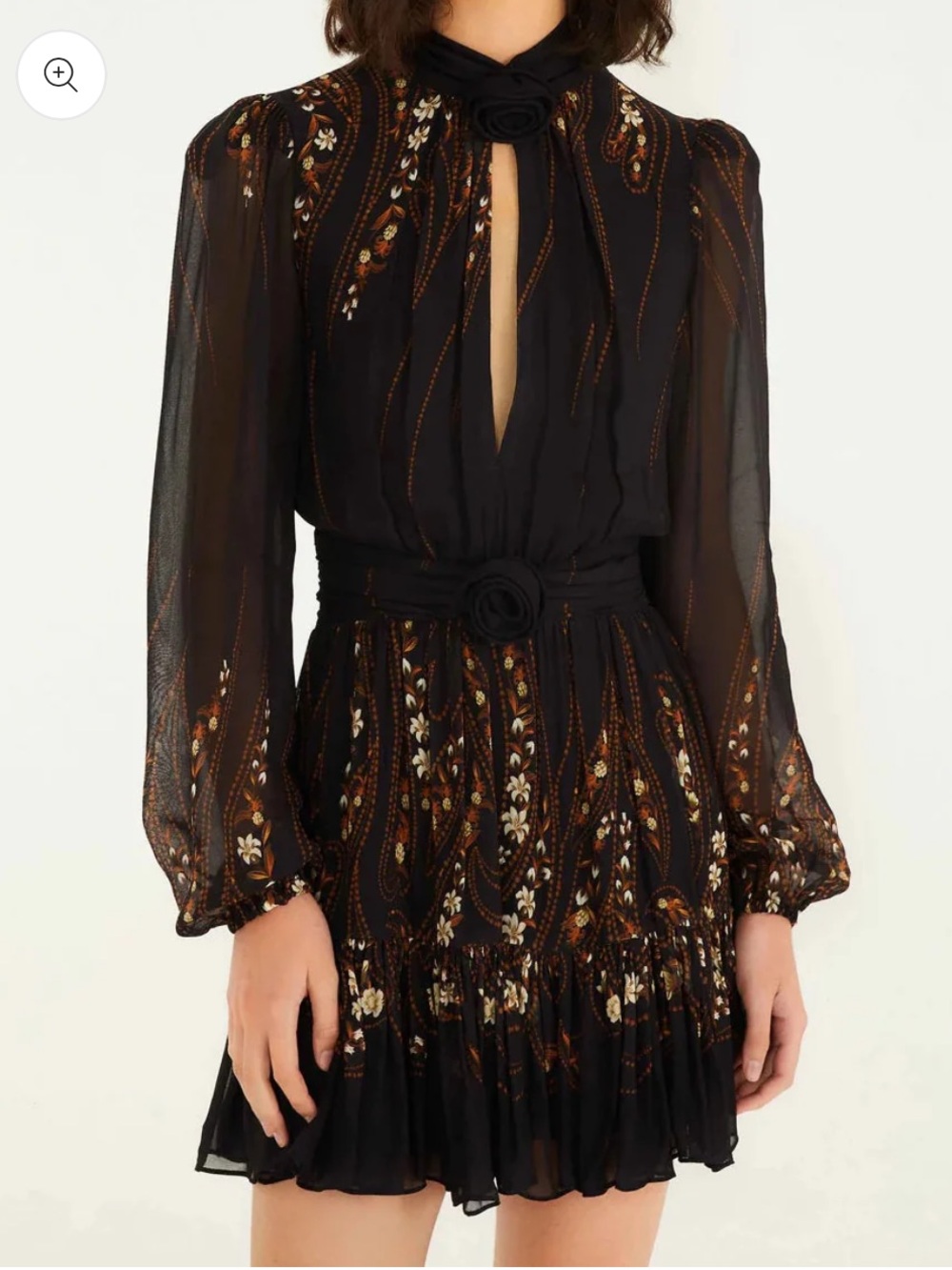 FARM Rio Black Floral Long-Sleeve Tie-Waist Mini Dress